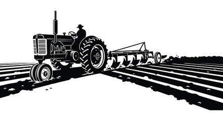 A vintage tractor plowing a field depicted in a striking black and white woodcut style