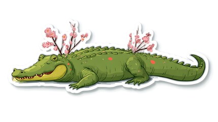 Fototapeta premium Whimsical Green Alligator with Cherry Blossoms Illustration.