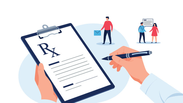 Doctor hand signing a medical prescription on a clipboard with pharmaceutical icons and healthcare professionals in background.