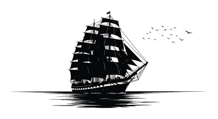 A striking black and white illustration of a tall sailing ship on calm waters © Meem