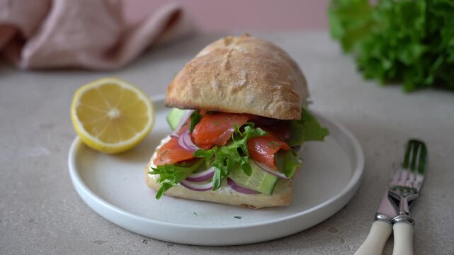 Female Hands Making Smoked Salmon Sandwich with Bun, Healthy Homemade Lunch Video