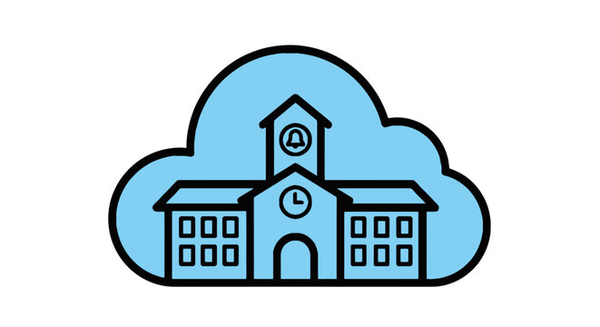 A digital illustration of a school building on a cloud, representing education technology.