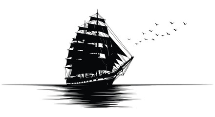 A striking silhouette of a tall sailing ship with birds against a white background