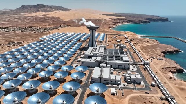Aerial view of a large solar power plant by the sea, generating clean energy in a desert landscape.