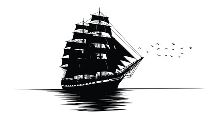 A striking black and white silhouette of a tall sailing ship with birds in flight © Meem