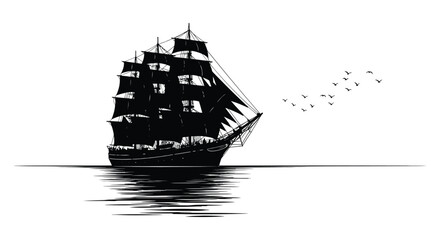 A detailed black and white illustration of a tall sailing ship with birds flying overhead © Meem