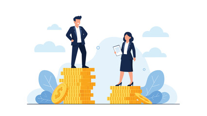 Concept of gender pay gap showing a businessman and businesswoman standing on unequal stacks of gold coins in professional setting.