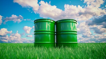 Obraz premium Sustainable biofuel containers prominently displayed in a vibrant green meadow. 