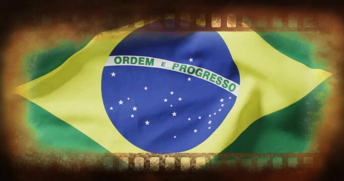 On playback start Brazil flag rippling in film border, creases moving as light shifting for looping