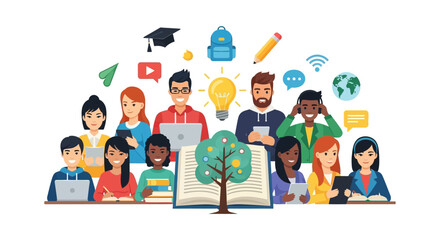 Fototapeta premium Diverse Students Group Learning, Collaboration, and E-Learning Concept. Modern Digital Education, Knowledge, and Technology