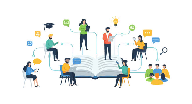 Collaborative E-Learning and Knowledge Sharing Network. Digital education illustration showing students and professionals connected by technology and communication around an open book.