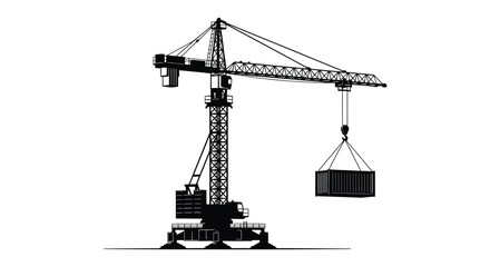 A black and white silhouette of a construction crane lifting a shipping container © Meem