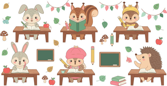Adorable Animals Studying &ndash; Rabbits, Squirrels, Hedgehogs, and More Reading and Writing at School Desks