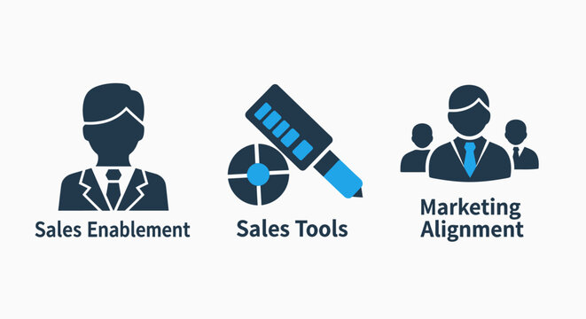 Three icons for sales and marketing: sales enablement person, tools, and marketing alignment team, representing business growth strategies