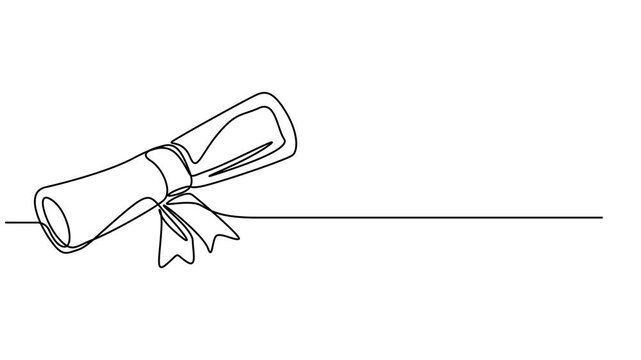 Animation of one line drawing of diploma with ribbon. Continuous line self drawing. Animated illustration. 4K, diploma scroll, abstract scroll, manuscript, papyrus Concept of student of university.