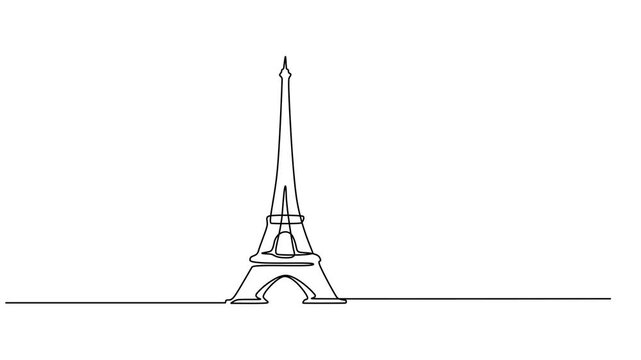 Eiffel Tower, one line drawing animation. Video clip with alpha channel, Animated self drawing of continuous line draw Eiffel Tower. Iconic landmark place in Paris, France. World travel wall decor pro