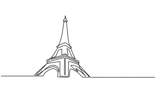 Eiffel Tower, one line drawing animation. Video clip with alpha channel, Animated self drawing of continuous line draw Eiffel Tower. Iconic landmark place in Paris, France. World travel wall decor pro