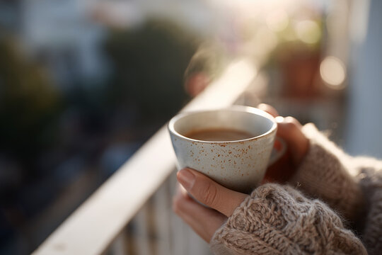 Steam rises from a ceramic mug. Knitted sweater sleeves cradle warm hands. Soft city lights glow beyond blurred railing. Calming warmth fills this cozy moment