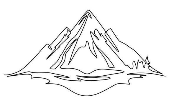 Self animated drawing of continuous one line mountain landscape. Mountains minimalistic single line drawing. 4k animation, Top view of mounts in simple linear style. Adventure winter sports concept.