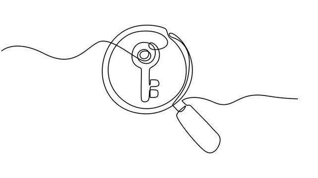 magnifying glass and key animation continuous one line drawing, Simple line art illustration of a key inside a magnifying glass, Looking for key linear icon. Investigating to solve problem. Searching.
