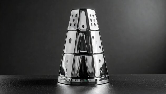Polished chrome dice tower for tabletop gaming with angled chutes and reflective surfaces