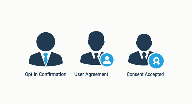 User confirmation icons: opt-in, agreement, and consent accepted, representing user privacy and legal processes, flat design, opt in