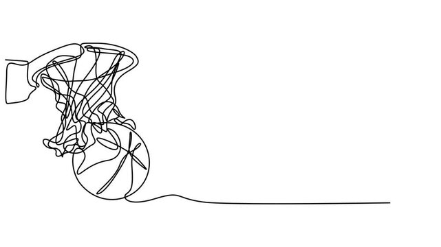 continuous line animation of basketball, basketball hoop with net continuous one line drawing video, Animated self drawing of continuous line draw basketball court on screen smartphone with basketball