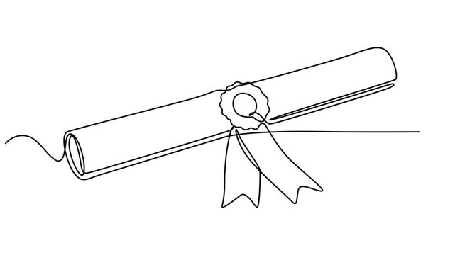 diploma scroll continuous one line drawing animation, Animation of one line drawing of diploma with ribbon. Continuous line self drawing. Animated illustration. 4K, Video. Continuous single line draw