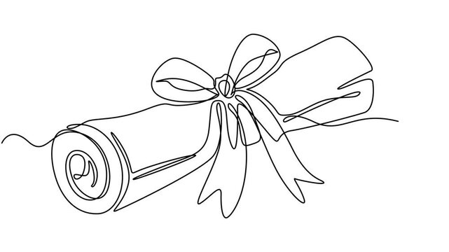 diploma scroll continuous one line drawing animation, Animation of one line drawing of diploma with ribbon. Continuous line self drawing. Animated illustration. 4K, Video. Continuous single line draw