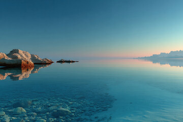 Obraz premium Minimalist seascape with crystal-clear calm water and rocky shoreline under a soft pastel sky. 