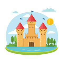 Cartoon castle illustration with turrets and flags under a bright sun © dara