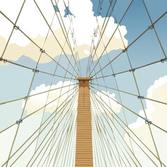 Abstract geometric illustration of a suspension bridge against a blue sky