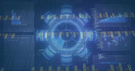 Fototapeta premium Displaying central circular holo HUD with concentric rings in virtual dashboard, showing tan bars