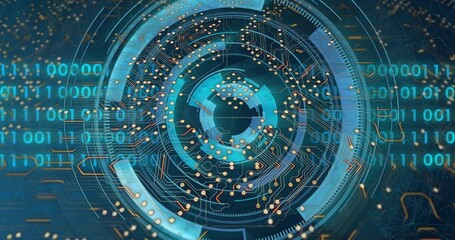 Pulsing futuristic circular interface displaying binary streams in virtual HUD, with gold circuits