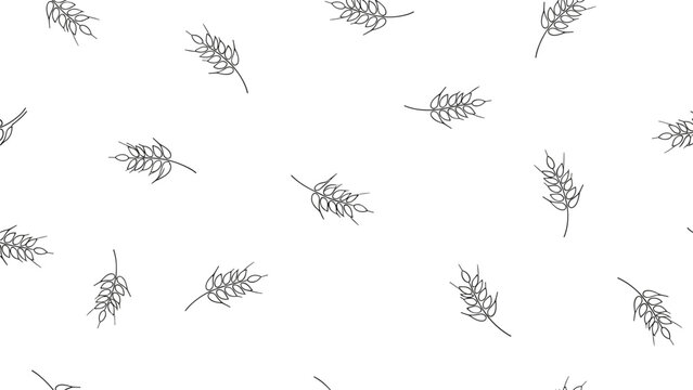 Seamless pattern of hand-drawn black and white wheat stalks and grains distributed across a clean white background for organic themes.