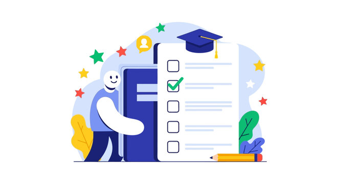 Online Exam Success Checklist. Student Passing Test or Course Assessment. E-learning Graduation Concept Vector Illustration.