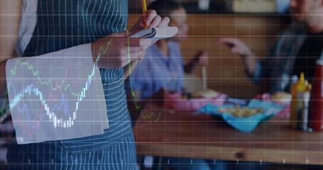 Writing server wearing striped apron noting on pad with pencil at cafe, chart overlay, copy space © vectorfusionart