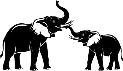 Elephant mother and baby calf vector illustration featuring black silhouette design with trunks raised isolated on white background for wildlife and nature themes. © Ahsan