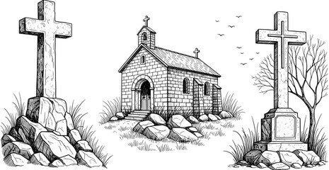 Christian stone chapel and cemetery crosses vector illustration in vintage hand drawn line art style for religious events and funeral services.
