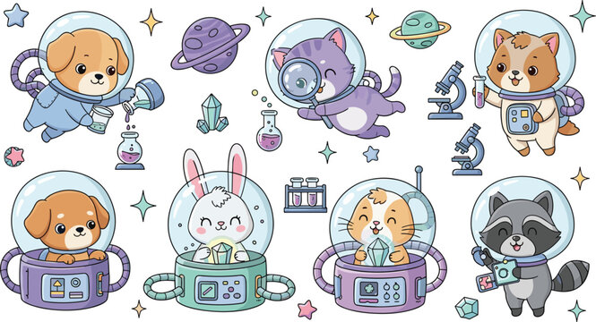 A fun collection of animA charming collection of animals including puppies, kittens, bunnies, and raccoons in space suits conducting scientific 