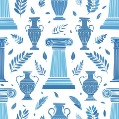 Decorative pattern with blue ancient greek columns and vases on white background