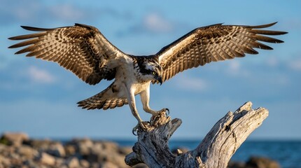 Fototapeta premium An osprey with wide wings poised on a weathered tree branch looking right with a soft sky background