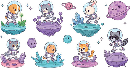 A fun collection of cute animals including puppies, kittens, bunnies, and raccoons in space suits, exploring colorful planets and moons in outer space © Sujon Shah