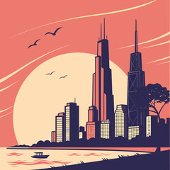 Stylized cityscape with iconic skyscrapers, vibrant sunset, and tranquil water in retro art deco style, perfect for travel and urban themes, sunset sky, graphic design © Forget