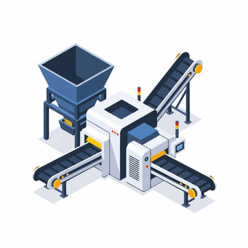 Isometric Industrial Conveyor Belt System with Hopper and Processing Unit.