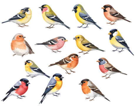 Small wild birds set with finch and sparrow species in watercolor artwork.