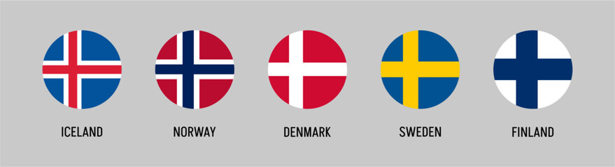 Obraz premium Nordic Countries Circular Flag Icon Set Vector Illustration Featuring Iceland, Finland, Sweden, Denmark and Norway National Flags in Round Design
