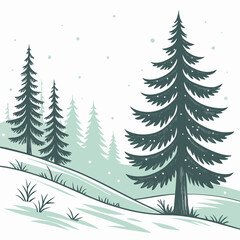 Fototapeta premium A large pine tree on a snowy hill with smaller trees in the background