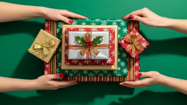 A stack of richly decorated gifts held by two people on a green background