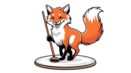 Obraz premium Cartoon Fox Playing Curling Sport on Ice.